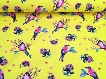 French Terry Print Vögel auf Zweige Gelb